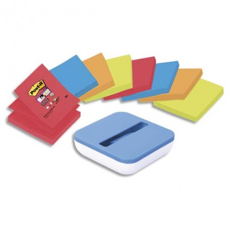 POST-IT Lot de 8 blocs Z-Notes Super Sticky coloris ass 76x76mm, 90 feuilles + Dévidoir BOX Bleu offert
