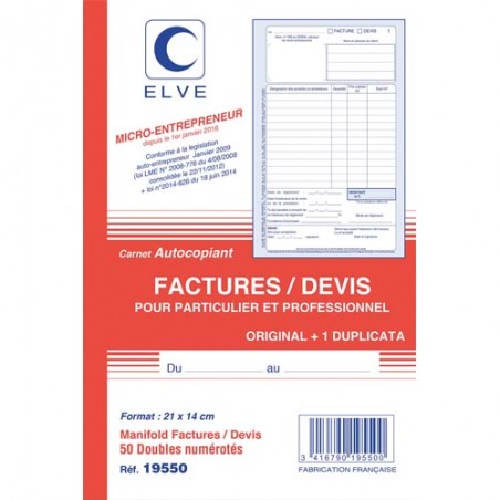 ELVE Manifold entrepreneur autocopiant factures / Devis format 210x140mm. 50 feuillets dupli