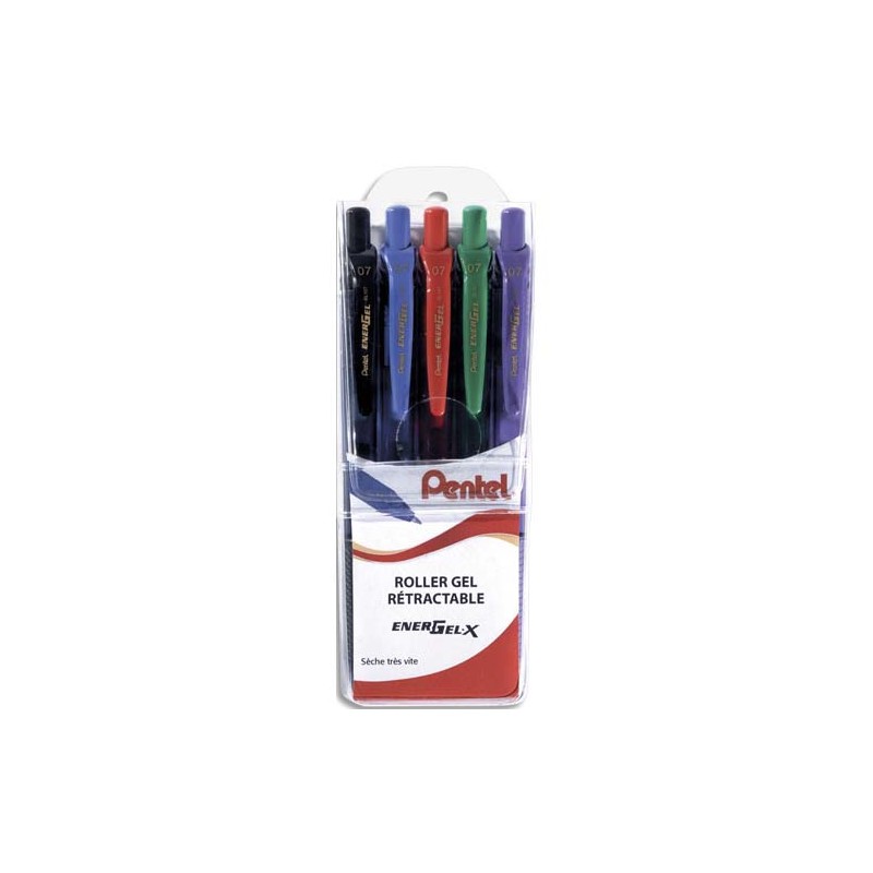 PENTEL Pochette de 5 bille Energel rétractable, pointe métal 0.7mm, Noir, Rouge, Bleu, Violet