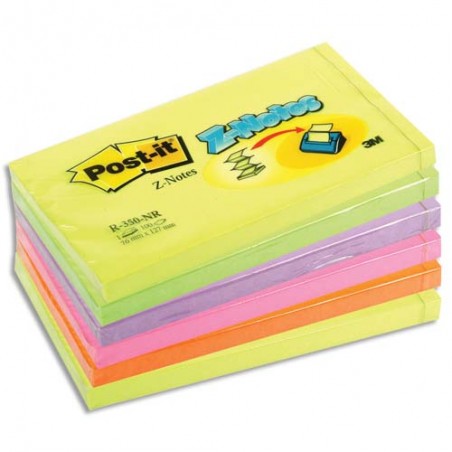 POST-IT Lot de 6 Recharges Z-notes 100 feuilles 7,6 x 12,7 cm coloris néon assortis