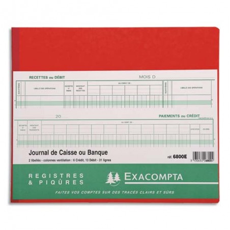 EXACOMPTA Piqûre 27x32cm Journal de caisse ou banque 13 débit - 6 crédit 31 lignes 80 pages
