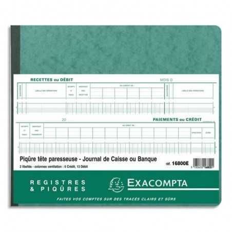 EXACOMPTA Piqûre Journal de caisse ou banque 27x32cm tête paresseuse 6 crédit 13 débit 31 lignes 80 pages