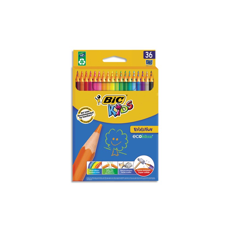 BIC Etui carton de 36 crayons de couleur EVOLUTION. Longueur 17,5cm. Coloris assortis