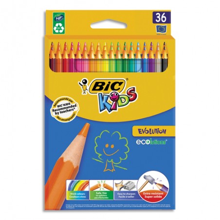 BIC Etui carton de 36 crayons de couleur EVOLUTION. Longueur 17,5cm. Coloris assortis