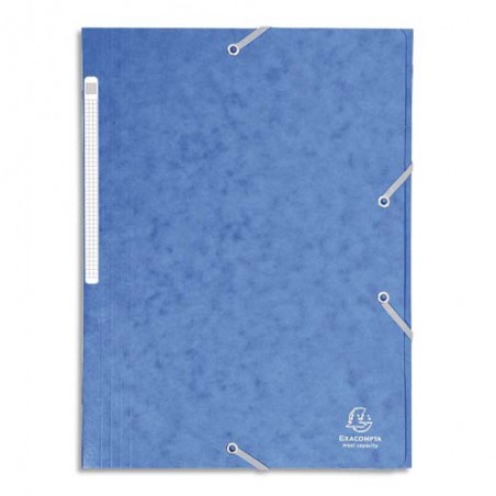 EXACOMPTA Chemise 3 rabats et élastique monobloc, carte lustrée 5/10e Bleu, élastique fixé devant