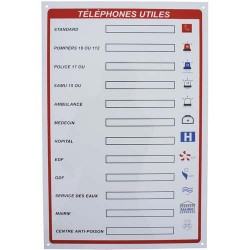 VISO Panneau Téléphone utiles Blanc Rouge en plastique, adhésif au dos, trous de fixation, L30 x H45 cm