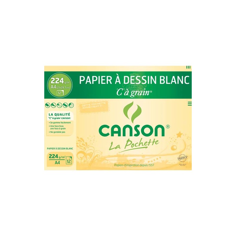 CANSON Pochette 12 feuilles papier dessin Blanc CàGrain 224g format 21x29,7cm