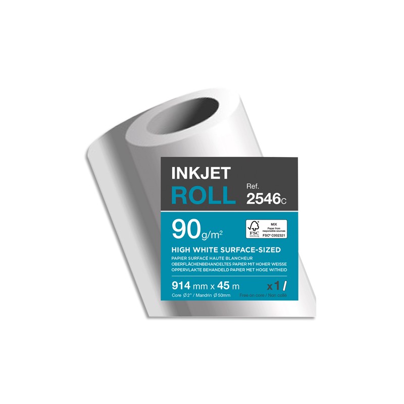 CLAIREFONTAINE Bobine papier Blanc CIE164 Surfacé 90g pour traceur 0,914mmx45m. Impression Jet d'encre