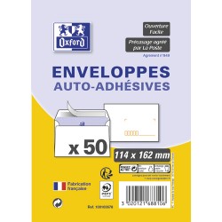 OXFORD Paquet de 50 enveloppes Blanches pré-casées auto-adhésives 80g format 114x162mm C6