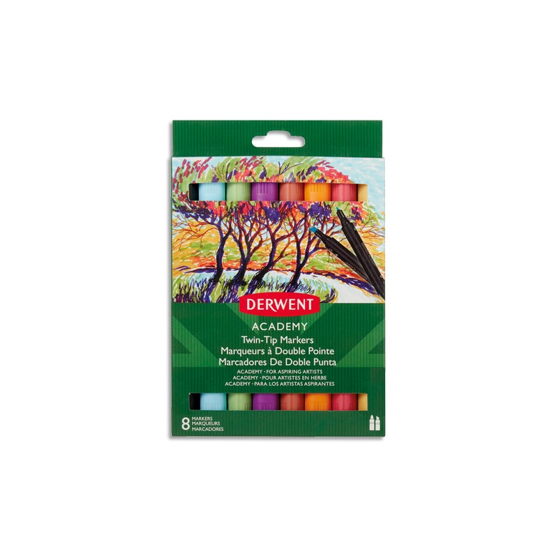 DERWENT ACADEMY Boîte de 8 marqueurs de coloriage double pointe fine et biseautée, couleurs assorties