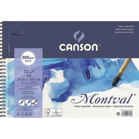 CANSON Album spiralé 12 feuilles papier aquarelle MONTVAL, A4, 300G, grain  fin Blanc naturel
