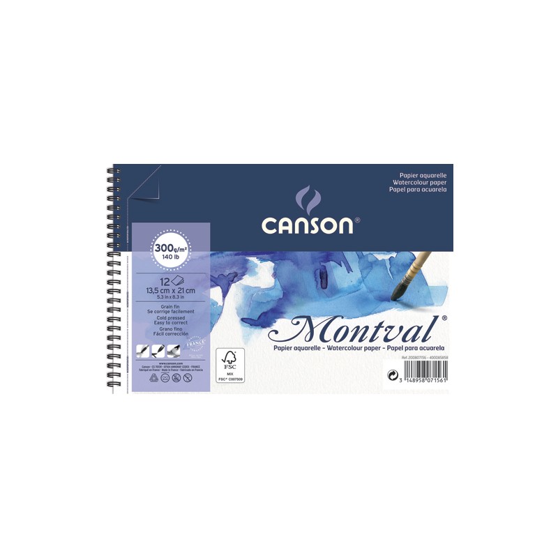 CANSON Album spiralé 12 feuilles papier aquarelle MONTVAL, 13.5x21, 300G, grain fin Blanc naturel