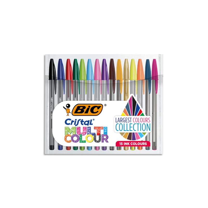 BIC Pack rigide de 15 stylos bille Cristal Multicolor. Ass Fantaisies/Pte large + Classiques/Pte medium