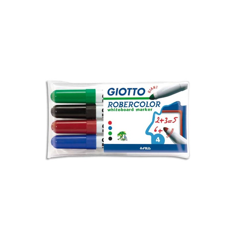 GIOTTO Pochette 4 marqueurs effaçables pointe ogive 7mm, Bleu, Rouge, Noir, Vert. Odeur neutre.