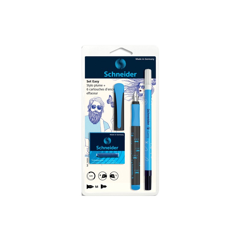 SCHNEIDER Set stylo plume Easy Bleu et 5 cartouches standards, encre Bleu