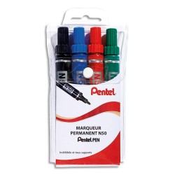 PENTEL Pochette de 4 Marqueurs permanent N50 Pointe ogive - Assortis Noir, Bleu, Rouge, Vert