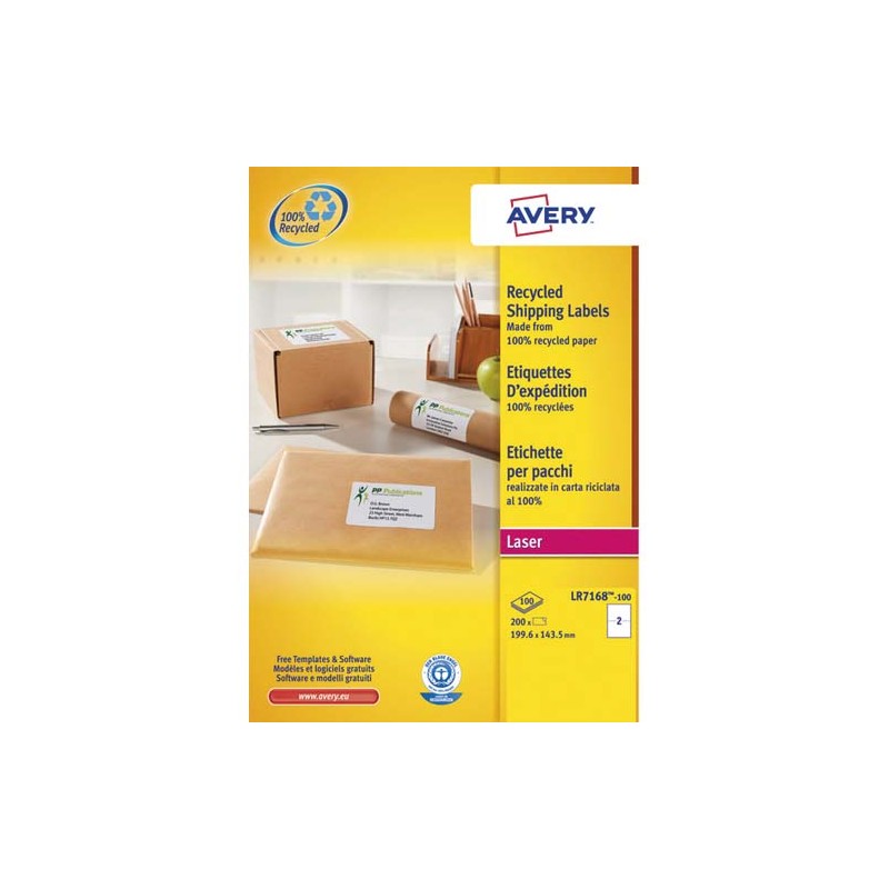 AVERY Boîte de 200 étiquettes adresse Laser recyclées Blanc 199,6 x 143,5 mm LR7168-100