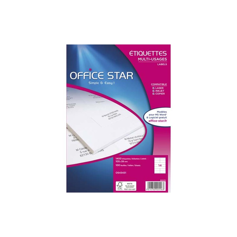 OFFICE STAR Boîte de 1200 étiquettes multi-usage Blanches 97 x 42,4 mm OS43659