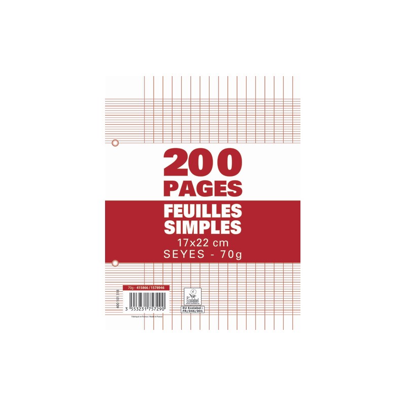Sachet de 200 pages copies simples petit format 17x22 grands carreaux Séyès 70g perforées