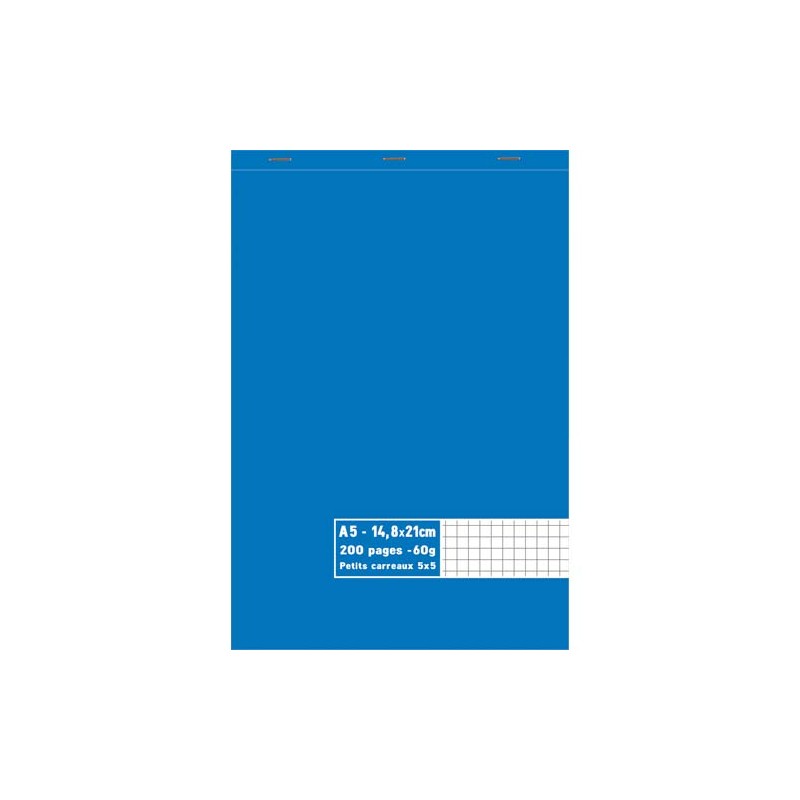 Bloc 60g agrafé en tête 200 pages petits carreaux 5x5. Format A5 14,8 x 21 cm