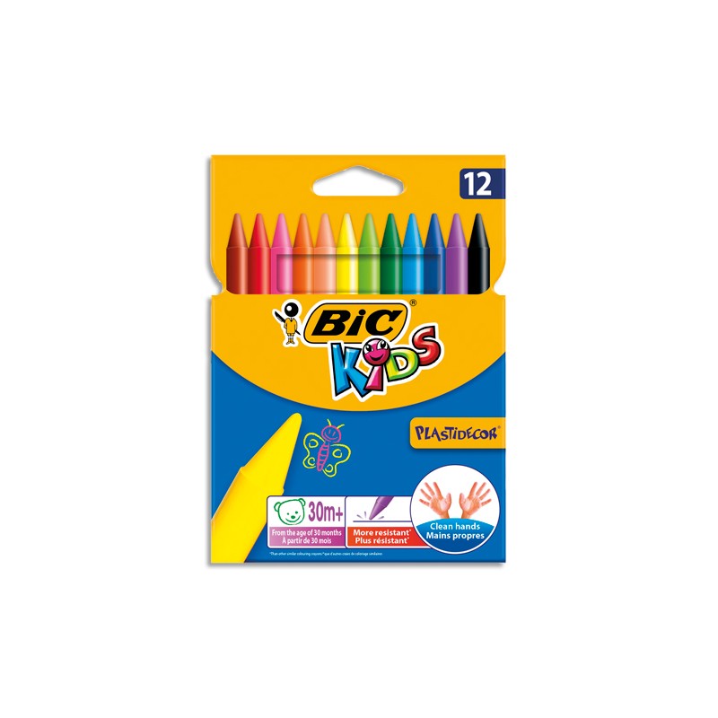 BIC Pochette 12 craies PLASTIDECOR plastique de coloriage diamètre 8mm x longueur 12cm