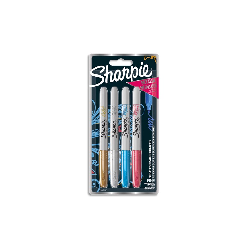 SHARPIE Pochette de 4 marqueurs Sharpie Fine METALLIC Or, Argent, Bleu, Rouge