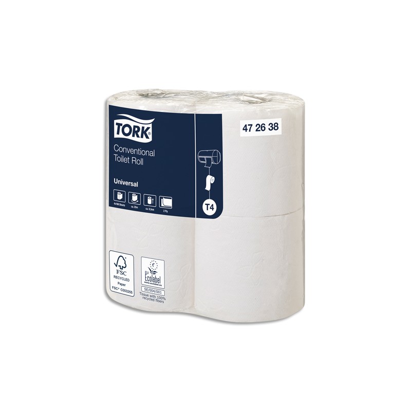 TORK Colis de 12 paquets de 4 rouleaux Papier toilette traditionnel Universal Blanc 2 plis 198 feuilles
