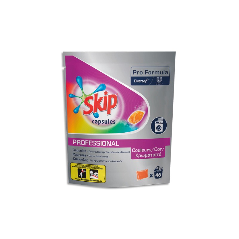 SKIP Carton de 184 capsules de Lessive liquide pour couleurs, dans 4 Sachets refermables de 46 dosettes
