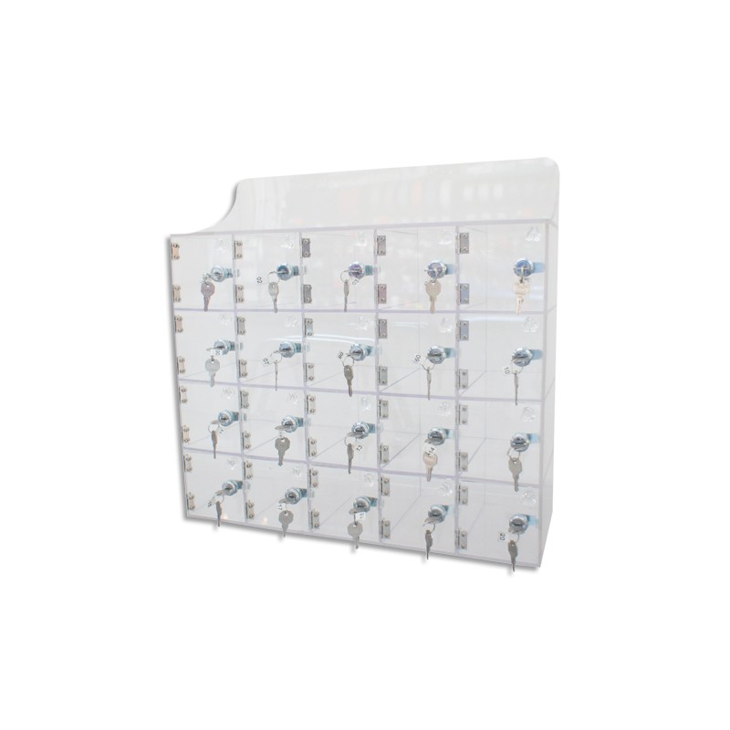 VISO Bloc de 20 casiers Transparent en acrylique, à serrure, 20 clefs différentes, Dim L53 x H53 x P18 cm