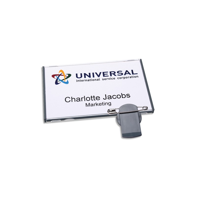 AVERY Boîte de 20 badges Vista® avec combi rotatif 78 x 50 mm, Gris + 30 inserts imprimables 47 x 75 mm