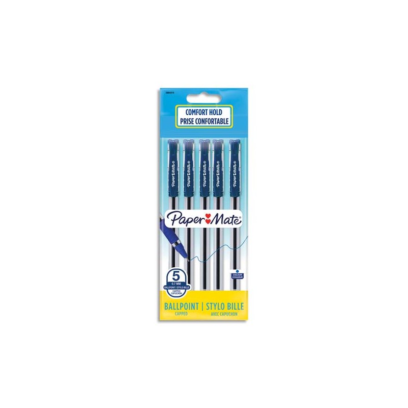 PAPERMATE Sachet de 5 stylos bille Brite à capuchon pointe moyenne 0.7 mm. Encre Bleue.
