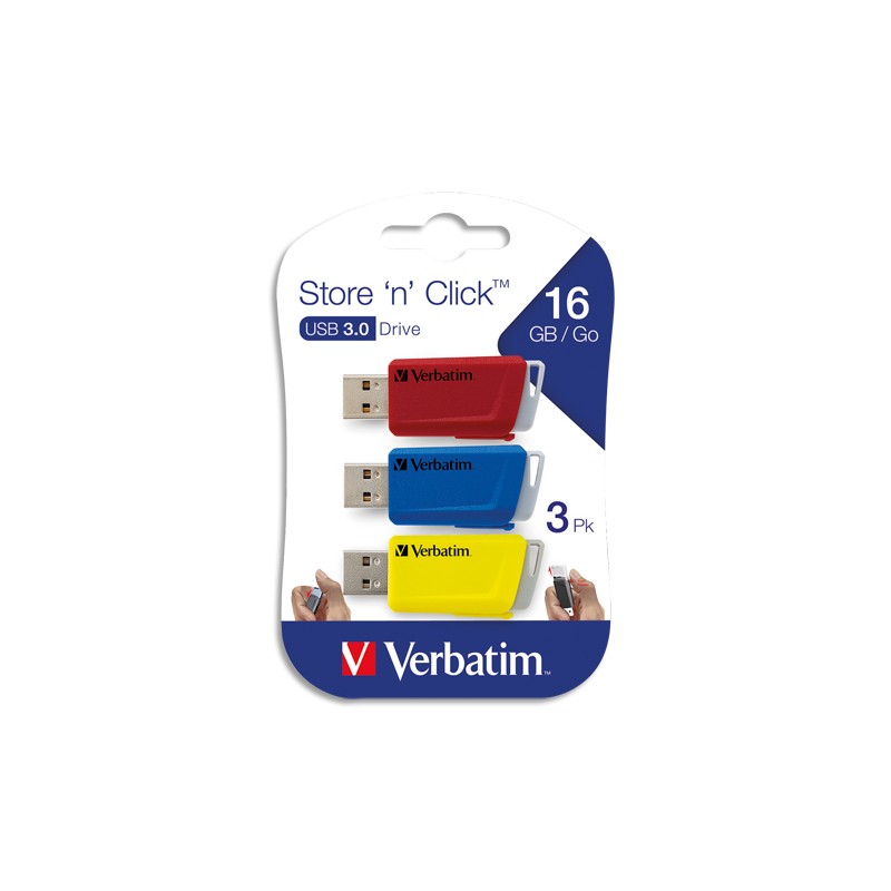 VERBATIM Pack de 3 clés USB 3.0 rétractables 16Go Store 'n' Click Rouge/Bleu/Jaune 49306