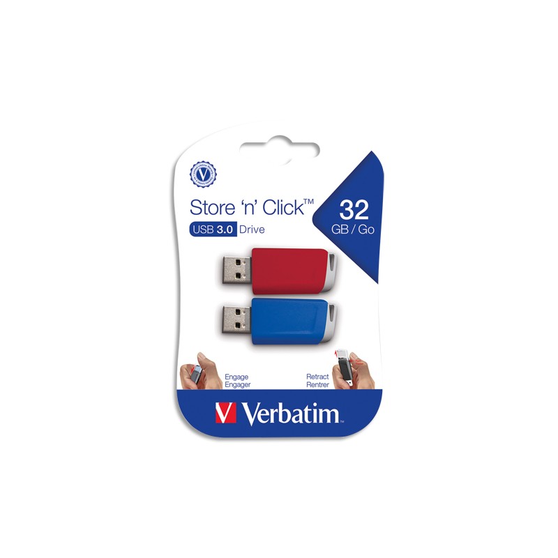 VERBATIM Pack de 2 clés USB 3.0 rétractables 32Go Store 'n' Click Rouge/Bleu 49308