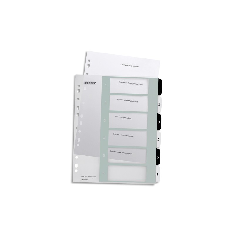 LEITZ Intercalaire numérique imprimable WOW 6 touches, format A4+, en polypro translucide Noir/Blanc